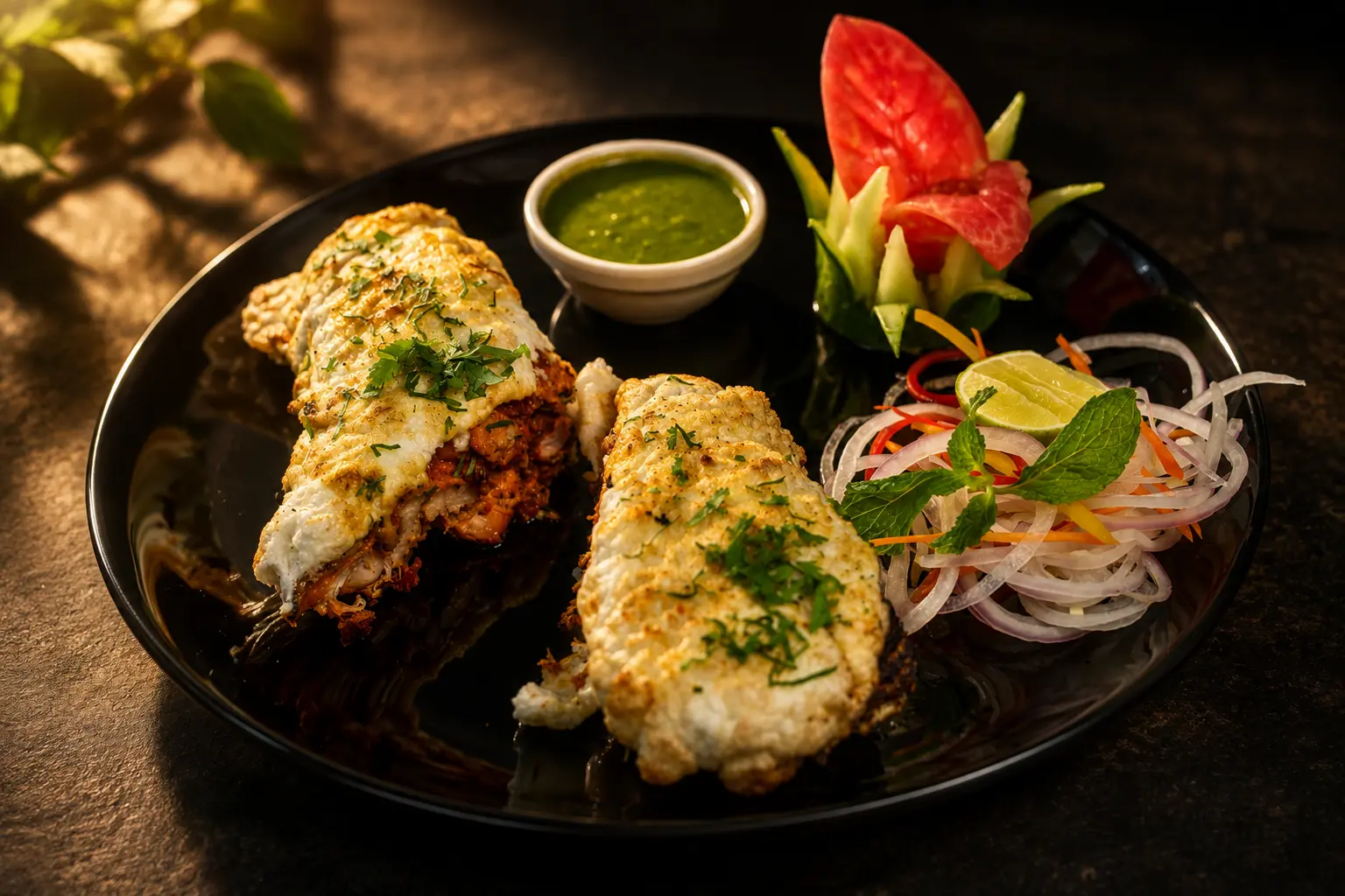 Chef plating a tandoor platter